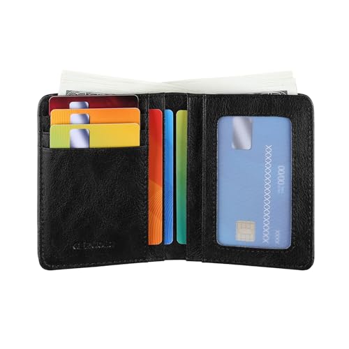 Bifold Slim Men Wallet Genuine Leather Thin, Small Vertical RFID Blocking Wallets for Men ，Compact & Stylish with Clear ID Windows (Black)3