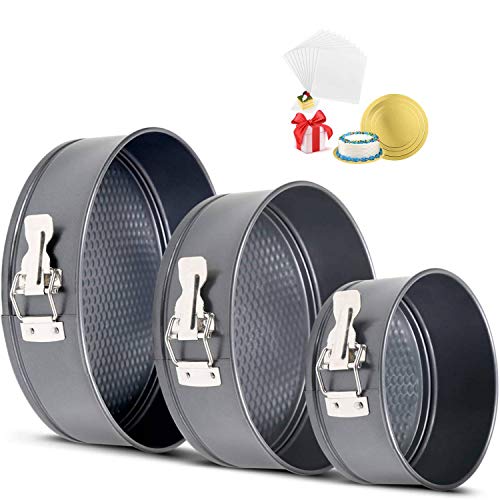 Casa Azul Non-Stick Cake Pan 18cms,20cms & 22cms Baking Tin Set,Carbon Steel,Free Cake Board & Baking Sheets with Quick Release Clips and Removable Waffle Texture Bottoms – Round (Set of 3)