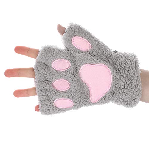 Gants d'hiver pour femmes patte de chat en peluche chaud gants de cosplay demi-doigt gants mignons nouveauté ours griffe mitaines thermiques pour Halloween cosplay fête déguisement,Gris,Taille unique