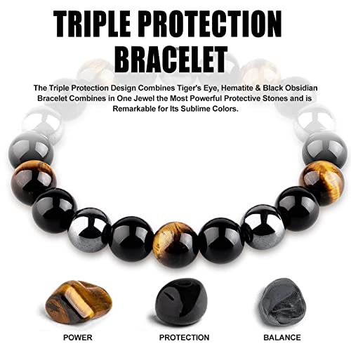 HOZEAL Triple Protection Bracelet, Black Obsidian Tiger Eye Stone Hematite Wealth Bracelets for Men Women for Bring Luck and Prosperity, Beaded Buddha Crystals Rope Stretch Bracelet2