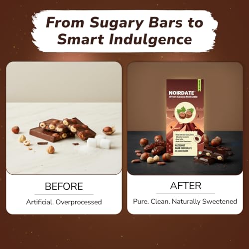 Image of NoirDate Hazelnut Dark Chocolate - 75g, Bean to Bar, Sweetened with Dates, Refined Sugar Free, Clean Label, Healthy, Vegan, Gluten-Free, Guilt-Free Indulgence (Pack of 1)