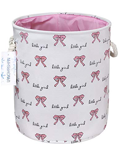 Image of LANGYASHAN Laundry Basket Canvas Collapsible Organizer Storage Basket for Boys Girls Laundry Hamper Toy Bins Gift Baskets Bedroom Clothes Children Nursery (Bowknot)