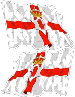 Northern Ireland Flying Flag, Ulster Banner Waving Flag, Red Hand of Ulster Design, 75mm (Approx. 3") Vinyl Stickers, Decals x2 (Left–Right)