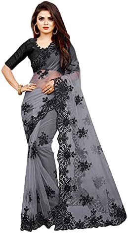Women's Embroidered Work Net Fabric Saree With Unstitched Blouse Piece