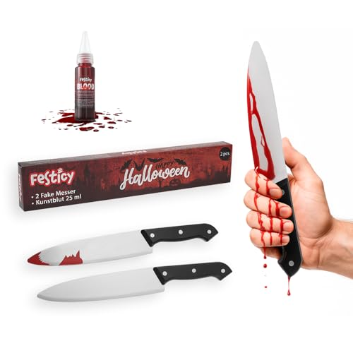 Festicy Conjunto de 2 facas falsas, faca falsa de plástico com 25 ml de sangue artificial, faca de plástico para Halloween, faca Ghostface, faca Michael Myers, acessório para