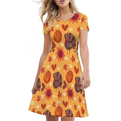 Image of POLERO Women Puffy Swing Elegant Party Midi Dresses Short Sleeve Round Neck A-Line Dress