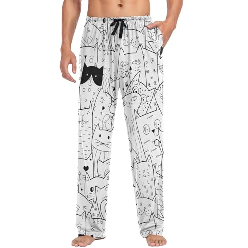 visesunny Mens Pajama Pants Funny Black White Cat Animal Doodle 100% Cotton Lightweight Soft Pajama Bottoms Lounge Sleepwear
