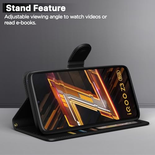 Image of Pikkme IQOO Z3 5G Flip Case Leather Finish | Inside TPU with Card Pockets | Wallet Stand and Shock Proof | Magnetic Closing | Complete Protection Flip Cover for IQOO Z3 5G (Black)