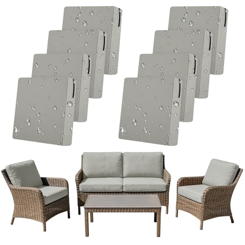 SYLC 8Pcs Outdoor Cushion Covers Waterproof Patio Cushion Covers Replacement with Zipper Garden Rattan Sofa Seat Slipcovers Furniture Protector (Light grey 4pcs 60×55×10cm4pcs 55×50×10cm)