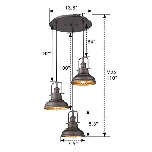 Image of Zeyu 3-Light Pendant Light, Industrial Farmhouse Hanging Light for Kitchen Dining Room, Oil Rubbed Bronze Finish with Metal Shade, 016-3 ORB