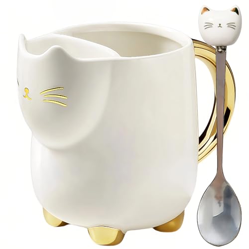 Yuwu 17oz Cat Mug with Tea Bag Holder & Spoon – Cute Ceramic kitty Coffee Cup Gift for Cat Lovers, Women, Girls – Tea Mug for Birthday, Christmas, Valentine’s Day (white)