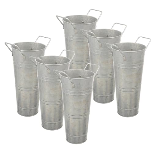 Seaux à fleurs galvanisés en fer avec poignées, lot de 6 vases style rustique de ferme