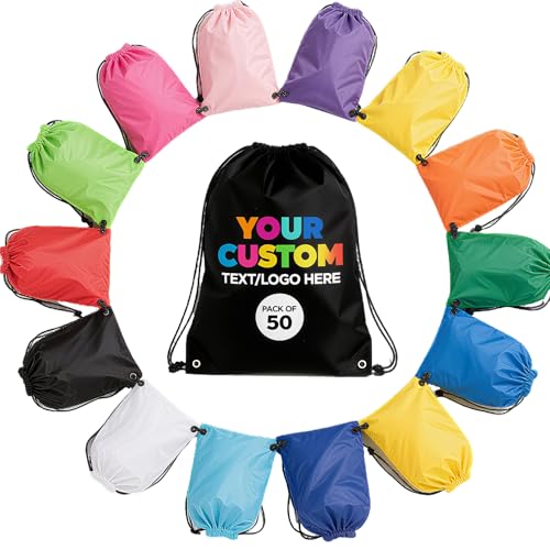 pack of 50 Custom Bags With Your Logo,Drawstring Backpacks Bulk String Bag,Great for Travelling, Gym and for Everyday Use (black)