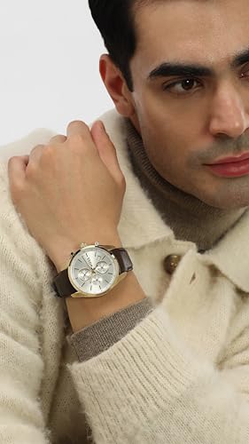 Image of BOSS Grand Prix 44 Qtz Fashion Chrono Silver White Round Dial Men's Watch|Brown Leather Material|Brown Color Band - 1514225