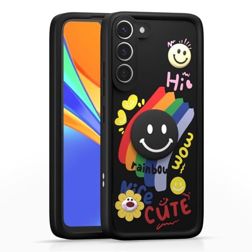 Image of Pikkme Back Cover for Samsung Galaxy S23 5G | Soft Silicone| Cute Rainbow Smile & 3D Cartoon Flower Design | Shockproof Raised Camera Protection Bumper Case (Black)