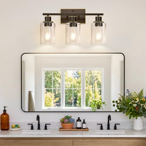 Image of Indoi 3-Light Bathroom Light Fixtures, Oil-Rubbed Bronze Modern Vanity Lights with Clear Glass Shades, Bathroom Wall Lamp for Mirror Living Room Cabinet Bedroom Porch