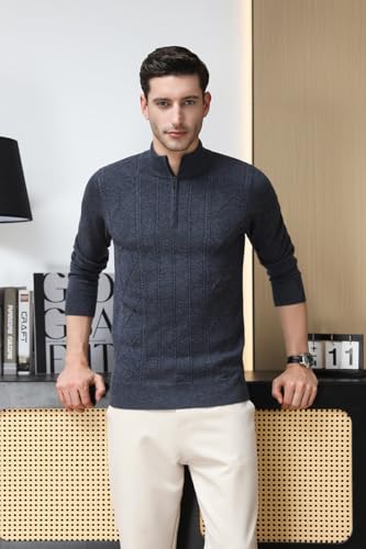 Men's 100% Wool Quarter Zip Sweater Long Sleeve Knit Mock Neck Sweaters4