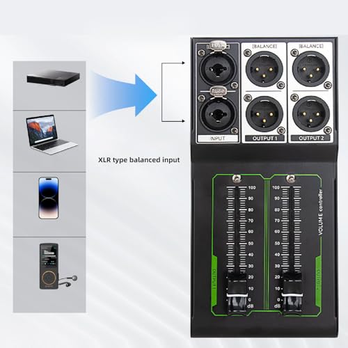 Controlador de Volumen Pasivo, Caja de Control de Volumen para Estudio, Controlador Estéreo 1 entrada y 2 salidas sin pérdidas con Fader Extendido de 70 mm para Estudio y Sistema de Sonido Doméstico, Plug and Play miniatura 3