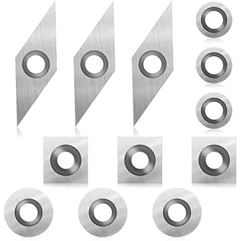 12 Pieces Tungsten Carbide Cutters Inserts Set for Wood Lathe Turning Tools Include 11 mm Square with Radius, 12 mm and 8.9 mm Round, 30 x 10 mm Diamond with Pointed Point (Silver) Cover