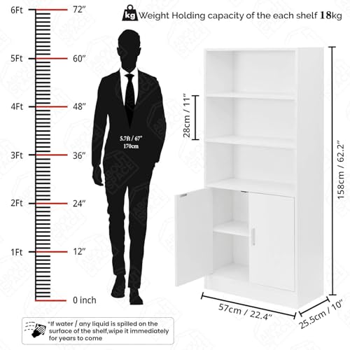 Image of About Space 5 ft Kitchen Cabinet - 5 Tier Wooden Storage Cabinet with 3 Open Shelves & 2 Magnetic Door Crockery Cabinets, Easy to Assemble for Home Living Room (White - L 57 x B 25 x H 158 cm)