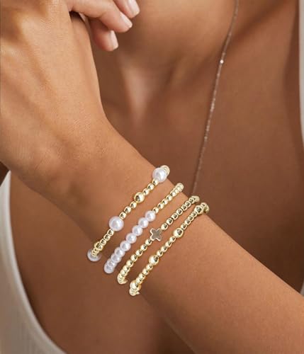 BOMAIL Gold Beaded Bracelets for Women Trendy Non Tarnish Gold Bracelet Stack 14K Gold Plated Pearl Bead Bracelets Cross Bracelets Set Stackable Stretch Beads Bracelet2