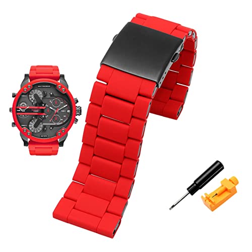 BNFD 28 mm Silikon-Edelstahl-Armband, passend für Diesel-Uhrenarmband, DZ7396, DZ7370, DZ4289, DZ7070, DZ7395, Herren-Gummiarmband, Armband (Bandfarbe: Schwarz, Bandbreite: 28 mm) (28 mm Rot) Cover
