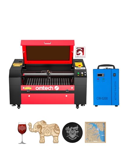 OMTech 60W CO2 Laser Engraver with LightBurn and Water Chiller, 28x20 Inch Laser Engraving Cutting Machine with Autolift 4 Way Pass Air Assist, Commercial Laser Engraver Cutter for Wood Glass More