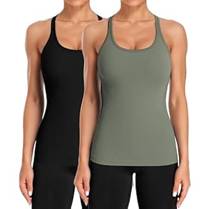 ATTRACO 2 Pack Ribbed Workout Tank Top with Built in Bra for Women Tight Fit Seamless Yoga Top