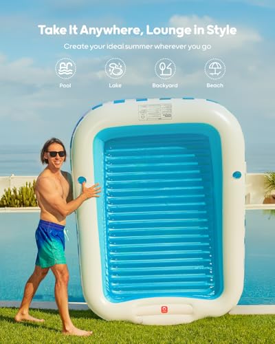 QPAU Inflatable Tanning Pool Float for Adults, 82\" x 60\" XL Sun Lounger with Removable Pillow, Footrest, Cup Holders, Cushion Base, Durable PVC, for Pool, Patio, Garden, Lake Use