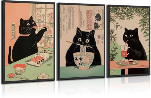 ZPJLRFC 3Pcs Japanese Vintage Black Cat Wall Art Cute Black Cat Eating Ramen Sushi Wall Decor Print Artwork Funny Animal Food Painting Pictures for Kitchen Dining Room Decoration 16x24In Unframed