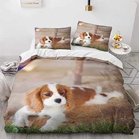 ZWQKHSM Cavalier King Charles Spaniel Duvet Cover Double Bedding Set - Cute Dog Puppy Printed Quilt Cover and 2 Pillowcases for Bedroom Decor, 110gsm Soft Brushed Microfiber, with Zipper Closure Cover