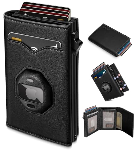 Image of miyozi Wallet for Men: Compatible with AirTag, RFID Blocking Slim Pop Up Card Holder, with Cash Pocket 2 ID Window 9-12 Cards,Metal Case Smart Magnetic Flip Closure Trifold with Gift Box