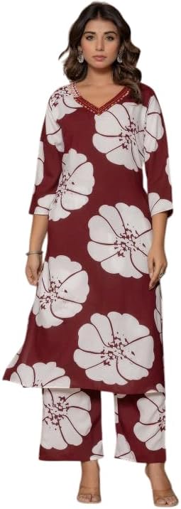 Women's Floral Print Kurta Palazzo Set, Maroon and White, V-Neck 3/4 Sleeve Indian Ethnic Wear