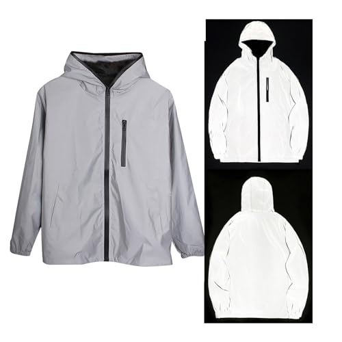 reflektierende winterjacke damen，360 Reflektierende Herrenjacke Unisex Full Reflective Jacke Laufjacke/Atmungsaktiv/Winddicht/Wasserabweisend/Reflekierend,Grau,L