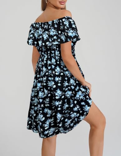 Image of Womens Off Shoulder Ruffle Floral Wedding Guest Dresses A Line Shift Short Skater Dress