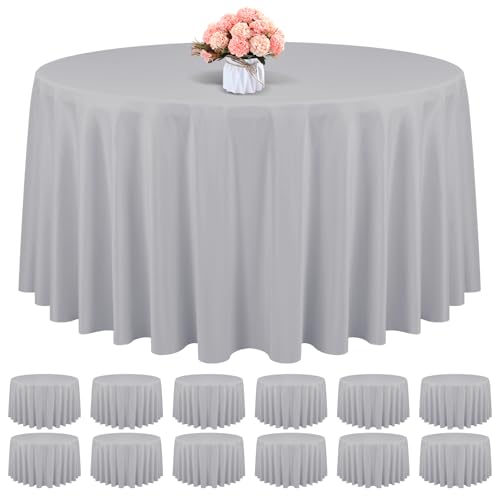 12 Pack Round Tablecloth 120 Inch - Light Grey Polyester Table Cloth for Round Table, Premium Light Grey Tableclothes Washable Fabric Cover for Wedding Party Banquet Restaurant Reception Dining by REWOMC - Used condition - US$69.78