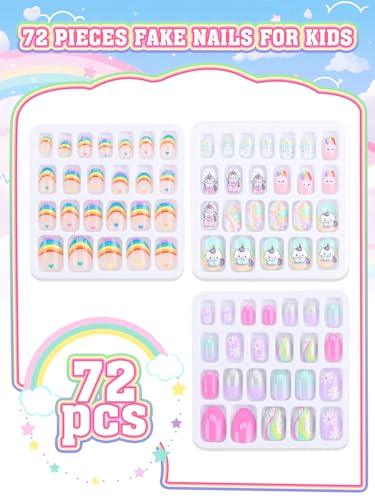 72 Pieces Press on Nails for Kids, EBANKU 3 Pack Kid Fake Nail Kit Rainbow Unicorn Star Press on Nails for Girls 7-12 Years with Jelly Nail Adhesives - Image 4
