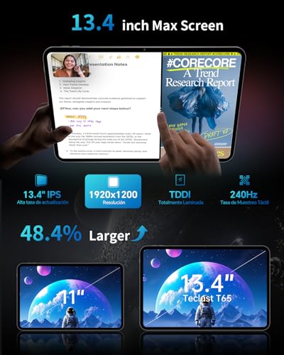 Image of TECLAST Android 16 T65 13.4 inch Large Tablet, 256GB ROM, 12H 10000mAh Battery, 120Hz 1920x1200 IPS Display, 2.2Ghz Octa-Core Processor, 2.4 /5G Wi-Fi+4G LTE, GPS, Ideal for Streaming and Learning