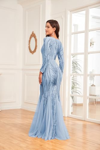 Image of Long Sleeve Sequin Evening Dress Glitter Mermaid Long Gown for Mother of The Bride Or Wedding Guest