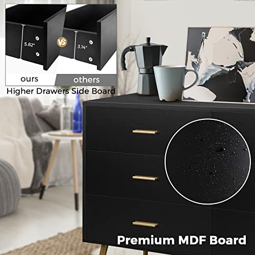 Maisonpex 6 Drawer Dresser For Bedroom, Black Modern Wood Dresser With Metal Handles, Chest Of Drawers, Sturdy Frame Bedroom Furniture, Dressers With Drawers For Closet Hallway, Living Room #TOP3