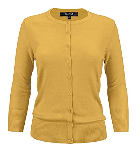 YEMAK Women's Knit Cardigan Sweater â€“ 3/4 Sleeve Crewneck Basic Classic Casual Button Down Soft Lightweight Knitted Top CO079-HON-L