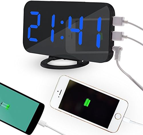 DollaTek LED Digital Portable Mirror Alarm Clocks with 6.5 inch LED Display and 3 Dimming Mode Suitable for Bedroom and Office - Black shell Blue digital