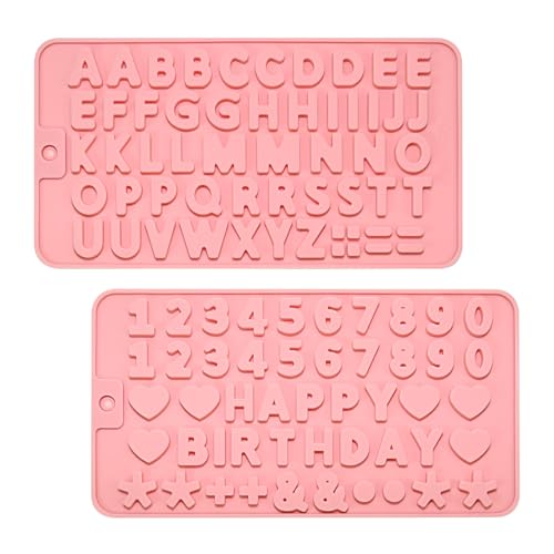 2 PCS Silicone Letter Molds and Number Molds for Chocolate, Reusable Alphabet Candy Molds with Happy Birthday Symbols for Cake, Cookies, Ice Cubes