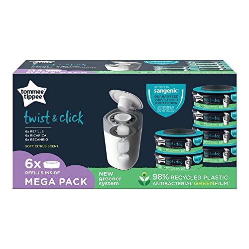 Tommee Tippee Nachfüllkassetten für Twist & Click Advanced Windelentsorgungssystem mit Nachhaltig Bezogener Antibakterieller GREENFILM-Folie, 6-er Pack