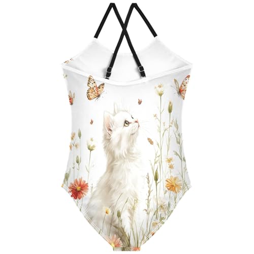 Pigsaly Girls One Piece Swimsuits Butterfly Daisy Flowers Watercolor White Cat Kids Cross Back Swimwear Bathing Suit 3T2