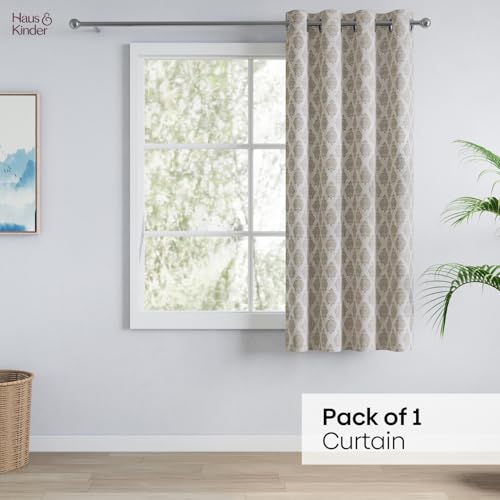 Image of haus & kinder Jacquard Window Curtain 5 Feet Long Pack of 1 Window Curtain, 5 Feet Curtain for Window (Stonehaven, Stone Classic Damask Design 130x152 CM)
