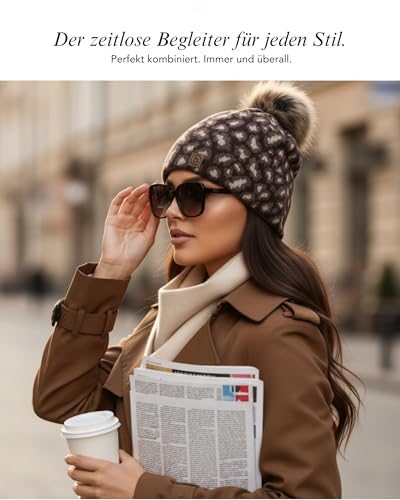 Bonnet motif léopard marron en maille premium avec pompon en fourrure synthétique - 5