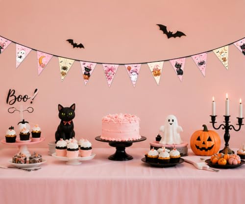 Image of Pink Halloween Banner with 12 Fabric Triangle Pennants, Coquette Bow Ghost Black Cat Pumpkin Garland, Cute Farmhouse Halloween Decor for Bedroom, Kitchen, Party, Ready to Hang, 13FT