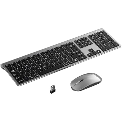 LINKEET Dual-Mode Wireless Keyboard and Mouse Combo, Rechargeable 2.4G/Bluetooth Keyboard Mouse Set, Ultra Slim Full Size 108-Key with Numpad Silent Scissor Keys for PC/Laptop/Win/Mac, Grey Black Cover