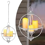 BAYN Battery Operated Outdoor Candle Chandelier - White Metal Globe Hanging Pendant Light with 3 Flameless Candles, Waterproof Lights for Gazebo, Pergola, Garden, Porch & Backyard